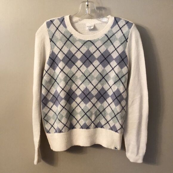 ABERCROMBIE KIDS SIZE 15/16 WHITE BLUE ARGYLE LONG SLEEVE COTTON BLEND SWEATER - Picture 1 of 6